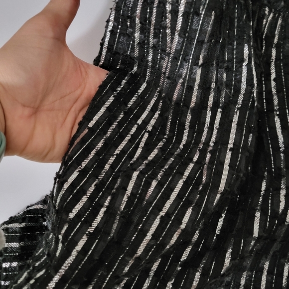 Duffield Lane Black Metallic Stripes Tiered Puff Sleeve Whimsygoth Holiday Dress - Picture 13 of 13